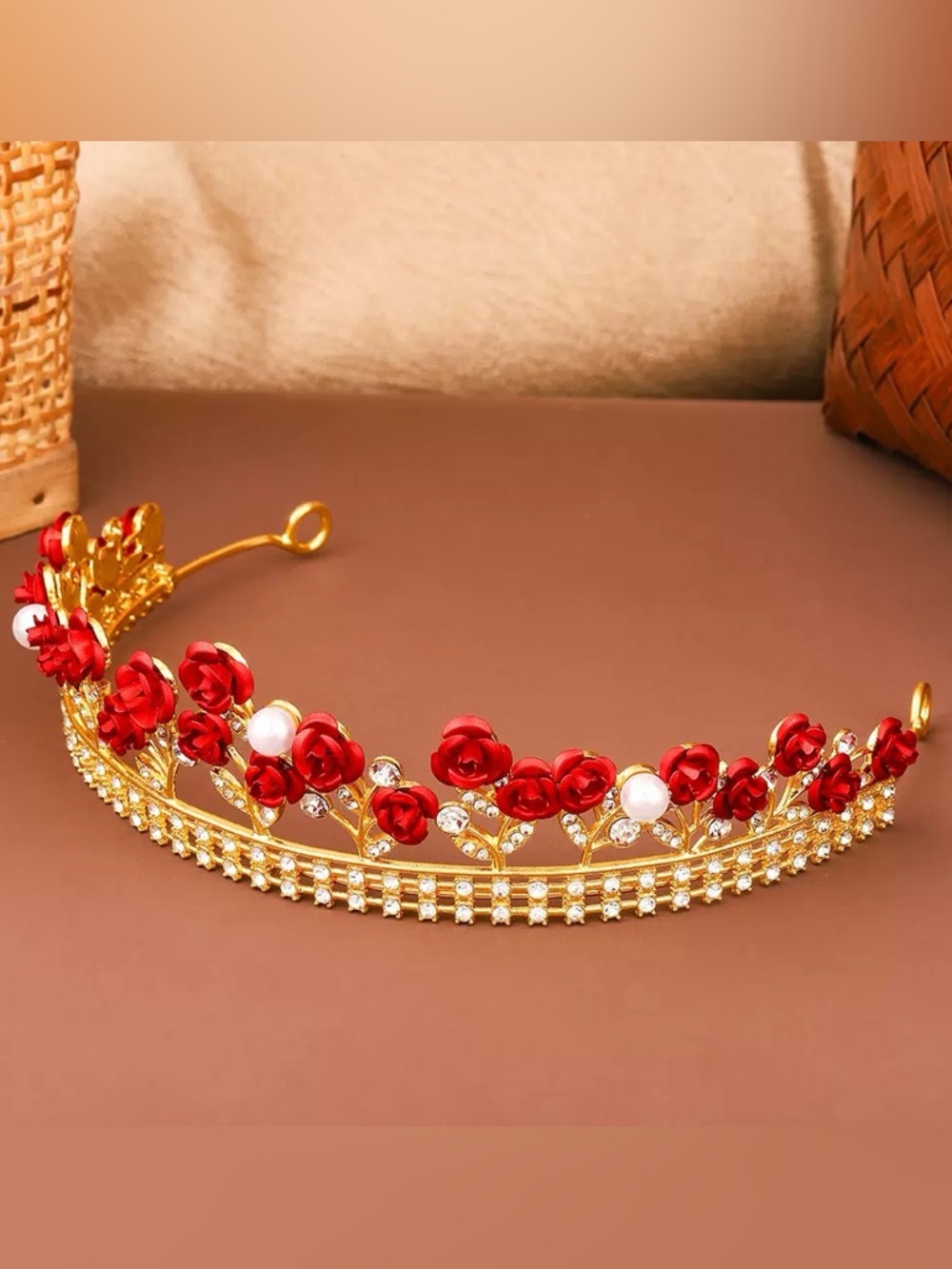 Gold Floral Tiara Headband with Red Rose Accents